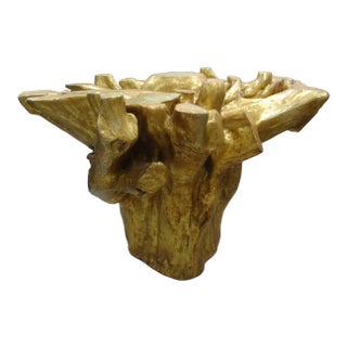 Organic Modern Gilt Faux Bois Tree Stump Table Base For Sale