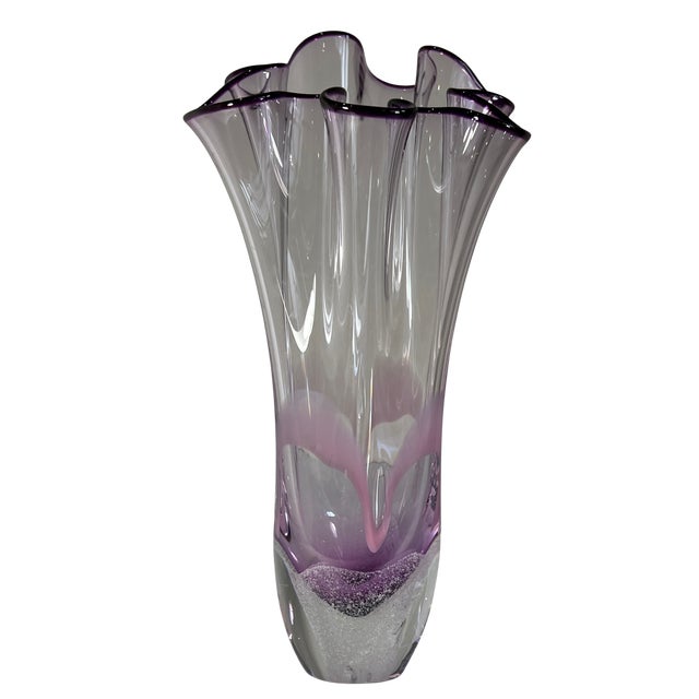 Contemporary 11 3/4 In. Vintage 24 % Lead Crystal Amethyst Purple Art Glass Handkerchief Ruffle Vase For Sale - Image 3 of 17
