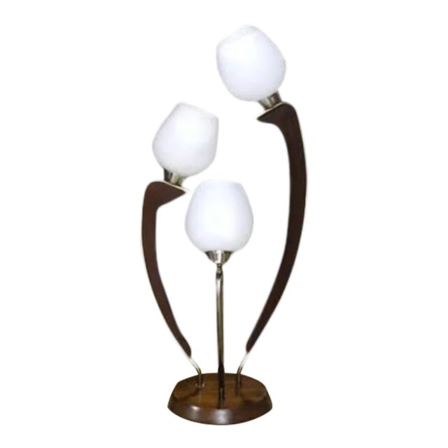 Mid-Century Modern Walnut Brass and Glass Three Shades Table Lamp For Sale