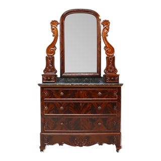 First Empire Classical Flame Mahogany 3-Drawer Black Marble Top Dresser C1840 For Sale