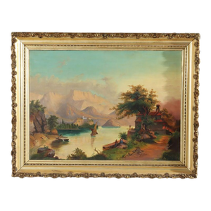 Antique Hudson River School Oil on Canvas Painting of a River Scene C1900