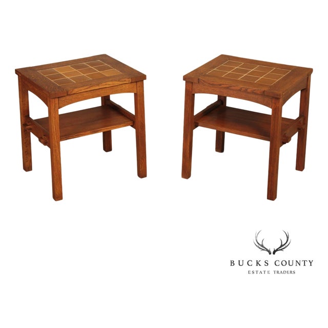 Stickley Mission Collection Pair Of Oak Tile Top End Tables For Sale