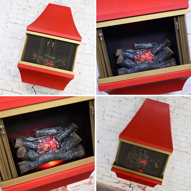 1960’s Mid-Century Modern Electric Wall Fireplace Orange With Gold Tone Trim Attributed to Montgomery Ward Style House For Sale - Image 12 of 12