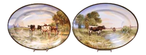 19th Century French Limoges Painted Porcelain Cows Wall Platters - a Pair