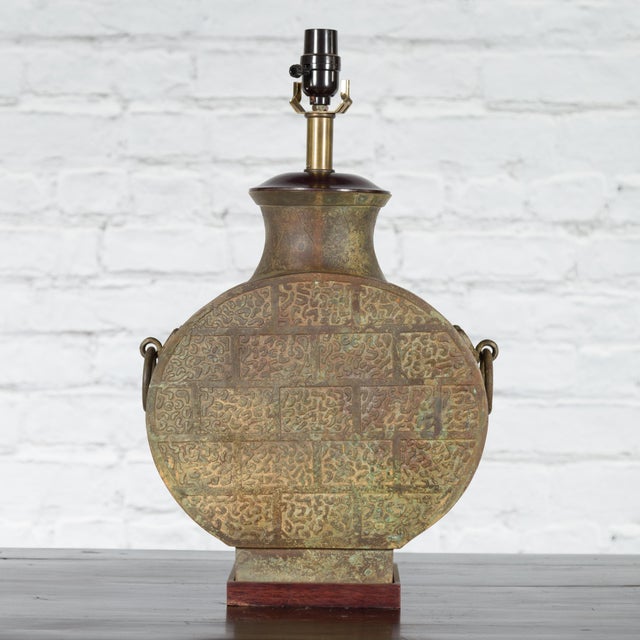 Metal Vintage Bronze Han Style Table Lamp Wired for the Us on Wooden Base For Sale - Image 7 of 12