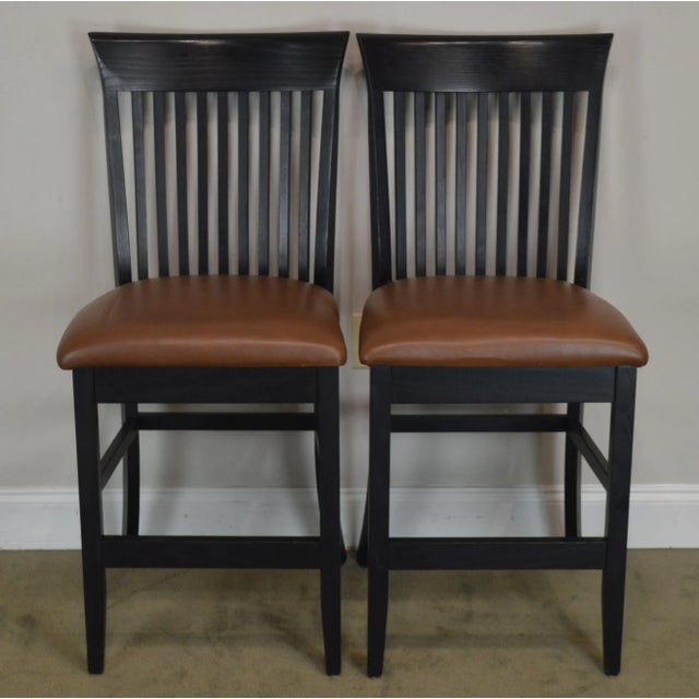 Traditional F & N Woodworking Black Bar Stools With Brown Leather Seats - a Pair For Sale - Image 3 of 13