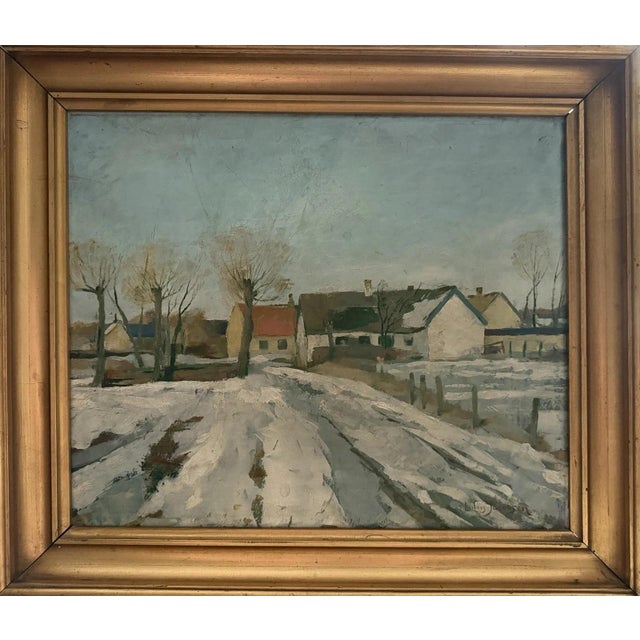 Modern Ludvig Jacobsen, Snowy Village Path, Oil Painting on Canvas For Sale - Image 3 of 12