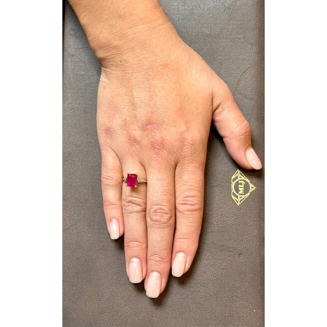 2.5 Ct Emerald Cut Treated Ruby & 0.15 ct Diamond Ring 14 Kt White Gold Size 5 For Sale - Image 12 of 18