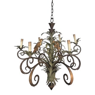 20th Century Italian French Tole Palm & Birds Large 6 Light Chandelier For Sale