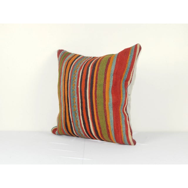 Mid-Century Modern Striped Turkish Organic Wool Kilim Rug Pillow Cover For Sale - Image 3 of 5