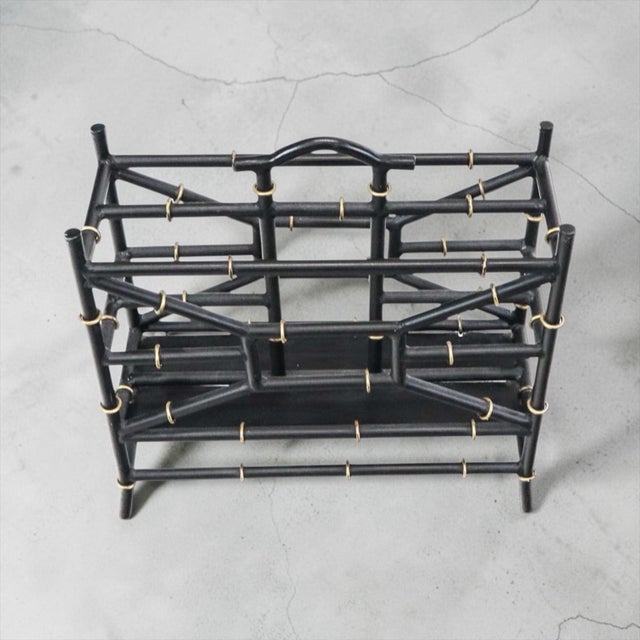Traditional Regency Style Black & Gilt Tole Faux Bamboo Magazine Rack For Sale - Image 3 of 5