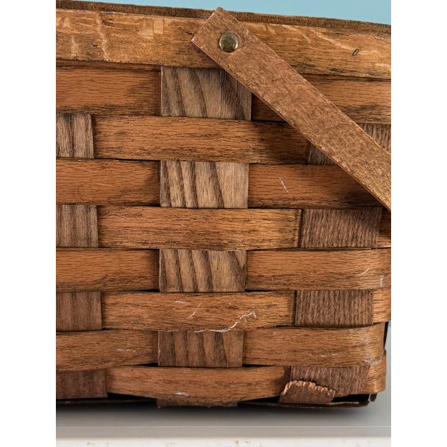 Vintage Large Woven Splint Wood Picnic Basket Double Swing Handle For Sale - Image 9 of 13