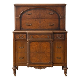 1930s Berkey and Gay Style Art Deco Mahogany Burlwood Highboy Dresser For Sale