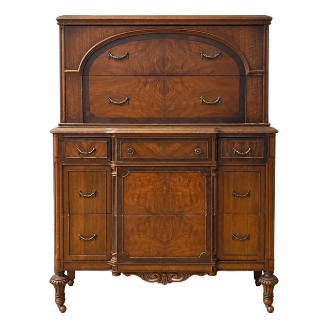 1930s Berkey and Gay Style Art Deco Mahogany Burlwood Highboy Dresser For Sale