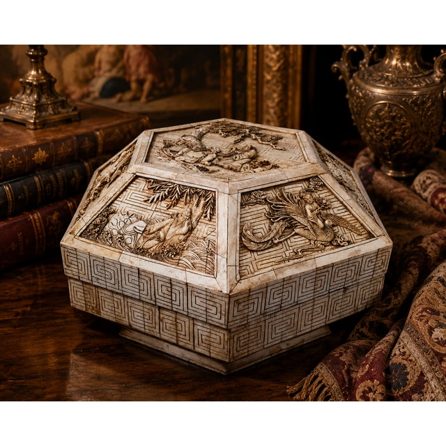 Bone Late 19th Century Large Chinese Carved Bone Hexagonal Jewelry Casket Box With Figural Panels & Fitted Interior For Sale - Image 7 of 8