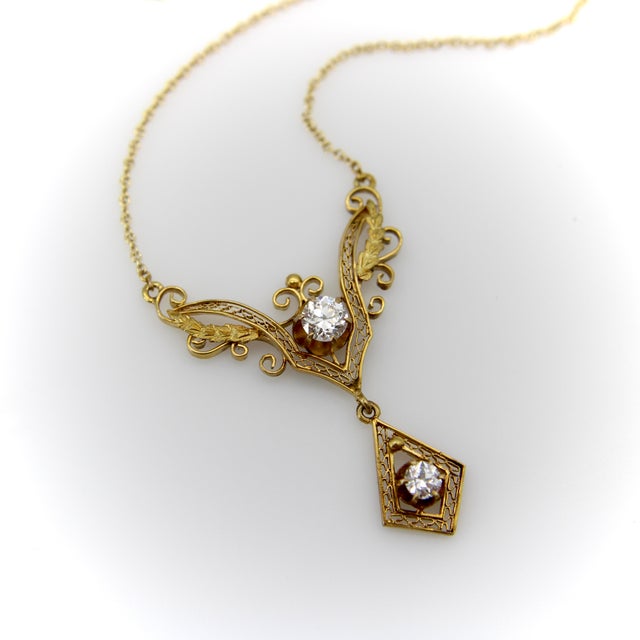Victorian Late 19th Century Victorian 14k Gold Filigree and Old European Cut Diamond Pendant Necklace For Sale - Image 3 of 9