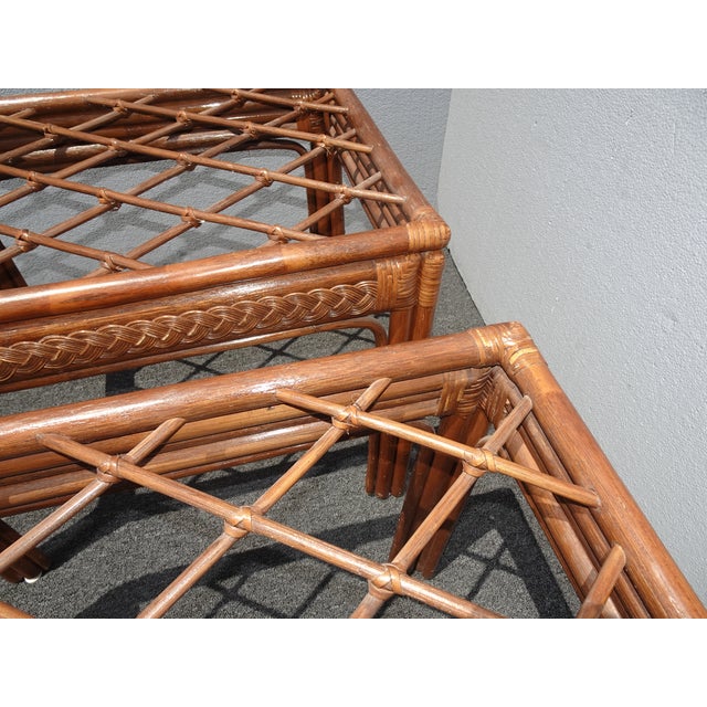 Wood Vintage Mid Century Modern Rustic Bamboo Rattan Brown End Tables - a Pair For Sale - Image 7 of 13