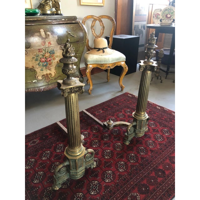 Traditional 1900 Neoclassical Brass Pillar Fireplace Andirons - a Pair For Sale - Image 3 of 13