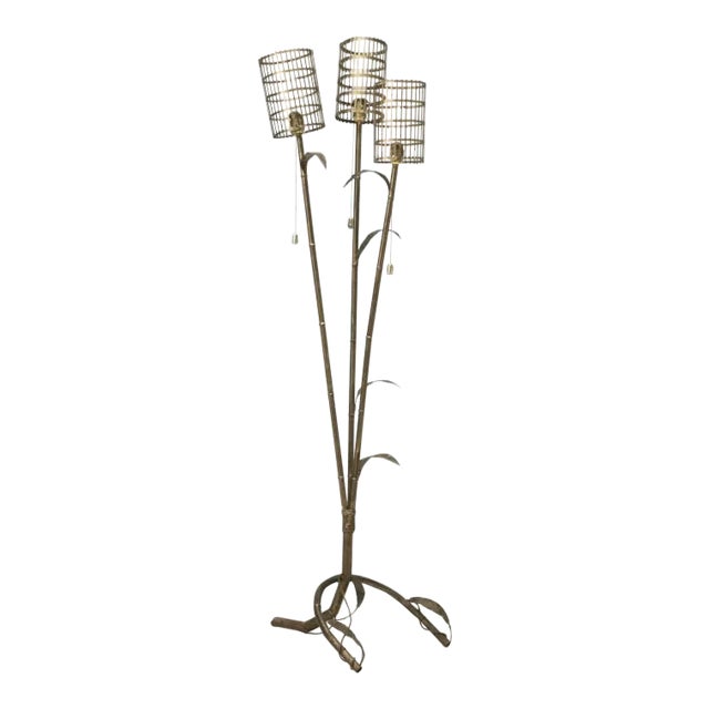 Vintage Italian Gilded Metal Bamboo Floor Lamp For Sale