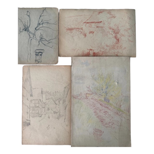 Heinrich Pforr, Landscape Village, Pencil on Paper, Set of 4 For Sale