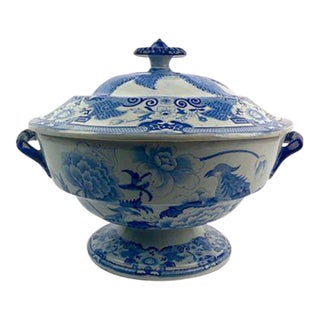 Early 19th Century Blue and White Ironstone Covered Tureen, Stoke Works (England) For Sale