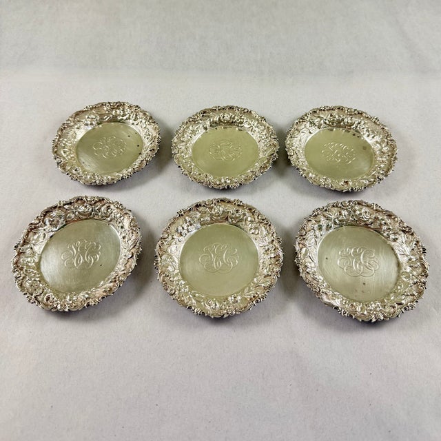 1900 - 1909 Estate Ritter & Sullivan Sterling Silver Repoussé Butter Pats, Set of Six For Sale - Image 5 of 11