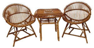 Vintage Cane and Rattan Shell-Shaped Armchairs with Coffee Table, 1960s, Set of 3