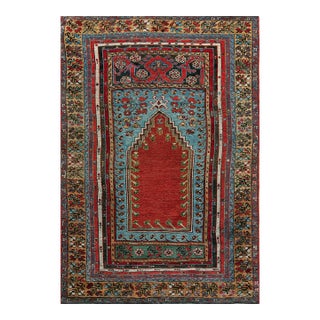 1860s Red Medallion Antique Turkish Village Kirshehir Prayer Rug 3'8" X 5'3" Handknotted Wool Carpet For Sale