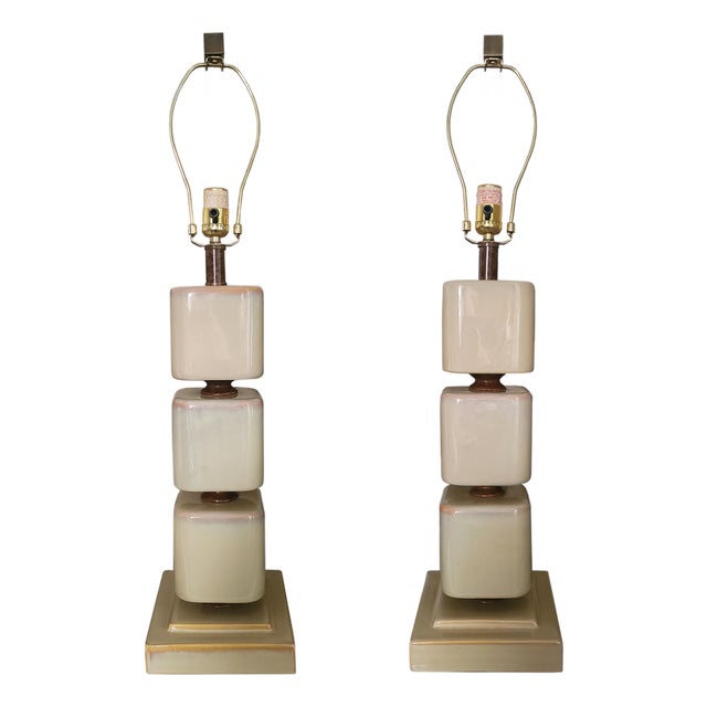 Vintage Ombre Stacked Ceramic Cube Monumental Table Lamps For Sale