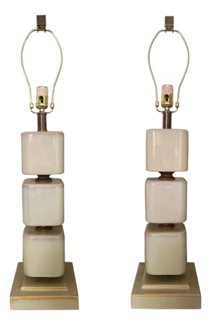Vintage Ombre Stacked Ceramic Cube Monumental Table Lamps
