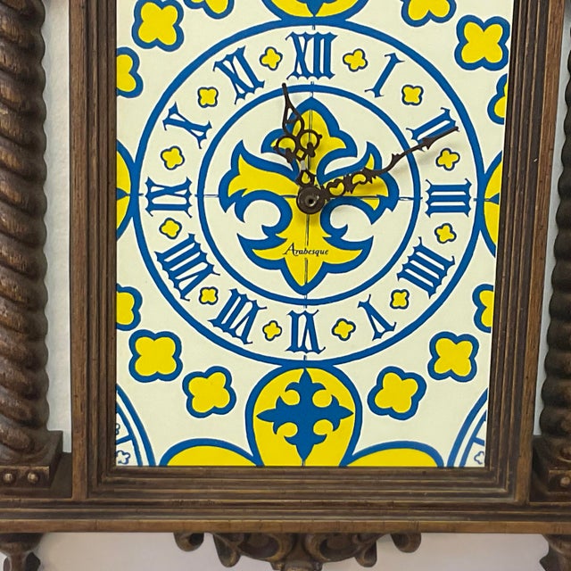 Royal Blue 1980s Vintage Boho Chic Jacobean Syroco Burwood Wall Clock For Sale - Image 8 of 12