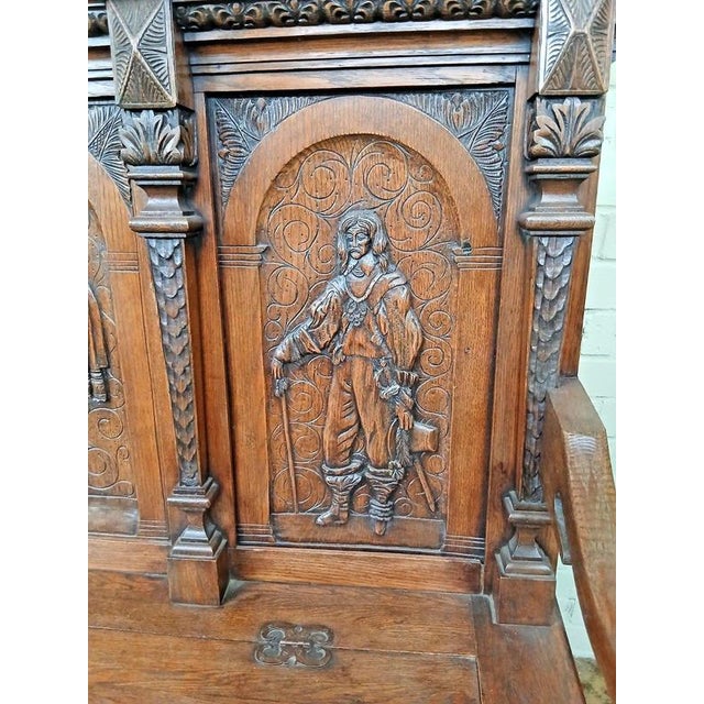 Antique 19th Century Victorian Carved Oak Settle For Sale - Image 3 of 11