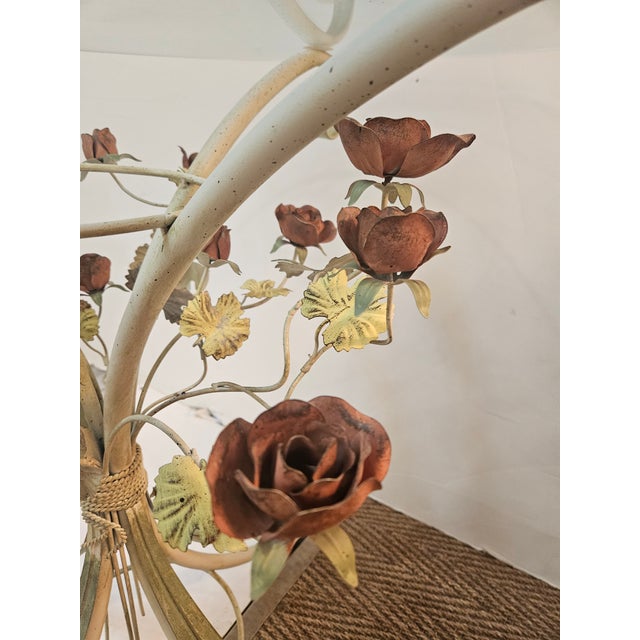 1960s Painted Italian Tole Glass Top Table With Pink Roses For Sale - Image 4 of 5