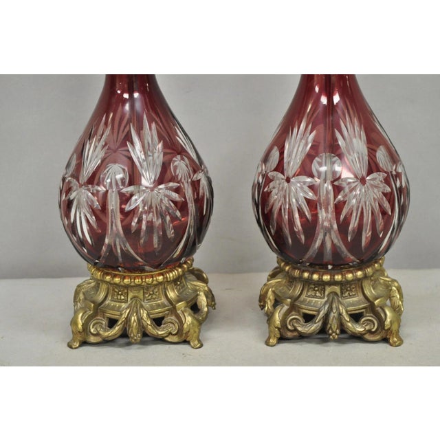 Antique Bohemian Cranberry Ruby Red Cut to Clear Glass Table Lamps - A Pair For Sale - Image 4 of 12