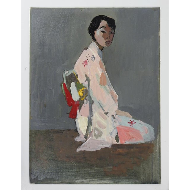 Mid 20th Century Portrait Japanese Woman in Pink Kimono Painting For Sale - Image 9 of 9