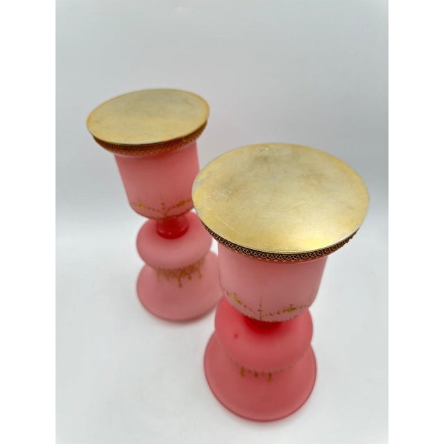 Medici Vases in Pink Opaline with Gilt and Enamel Decoration and Brass-Rimmed Feet, 1890s, Set of 2 For Sale - Image 9 of 11