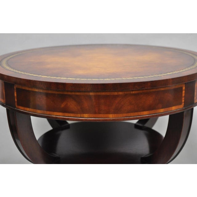 Wood Vintage Weiman French Regency Round Mahogany Leather Top Saber Leg Side Table For Sale - Image 7 of 11