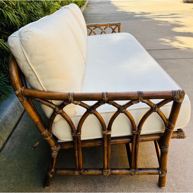 Gothic Authentic Vintage 60s McGuire Gothic Rattan Sofa With Placard and Patent Number For Sale - Image 3 of 5