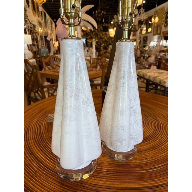 Glass Vintage Murano Style Glass Fluted Scalloped Table Lamps Metallic Veins Newly Wired - a Pair For Sale - Image 7 of 12