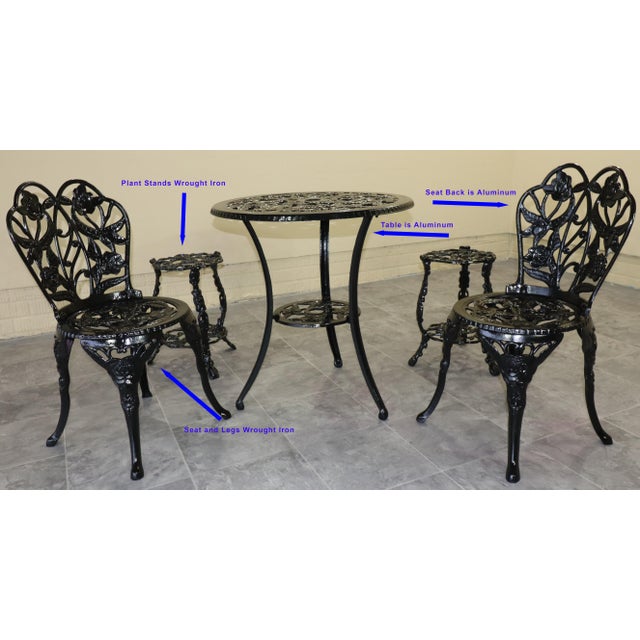 1950s Rose-Pattern Cast Iron and Aluminum Garden Bistro Set With Two Plant Stands, 5 Pieces For Sale - Image 6 of 16