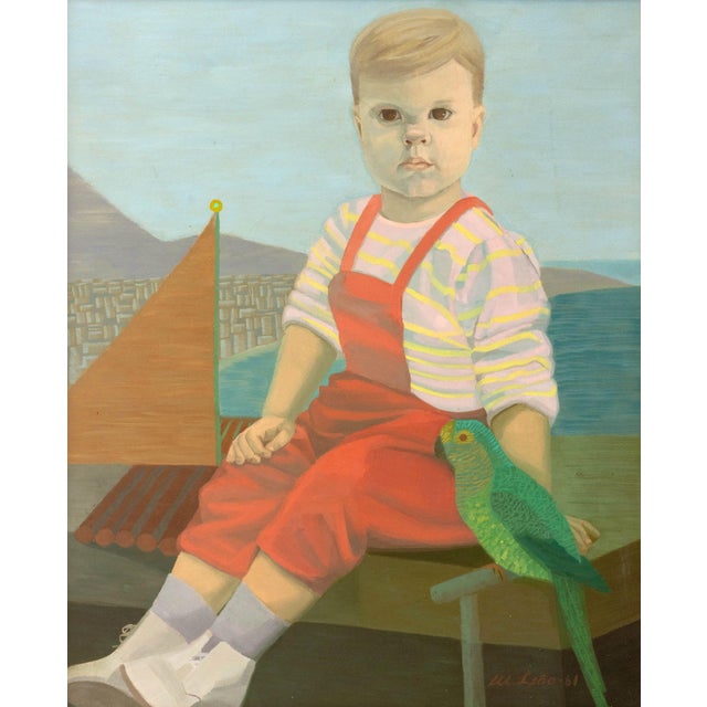 20th Century School, Portrait of a Child with Green Parrot, Oil on Canvas, 1961, signed "W. Leao" and dated lower right,...