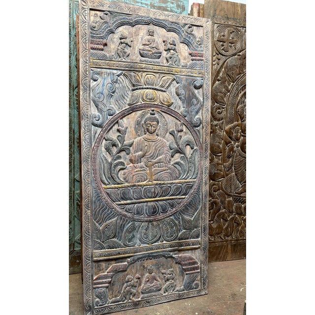 Vintage Hand-Carved Buddha Wall Panel | Reclaimed Wood Zen Barn Door Art 83 For Sale - Image 9 of 9