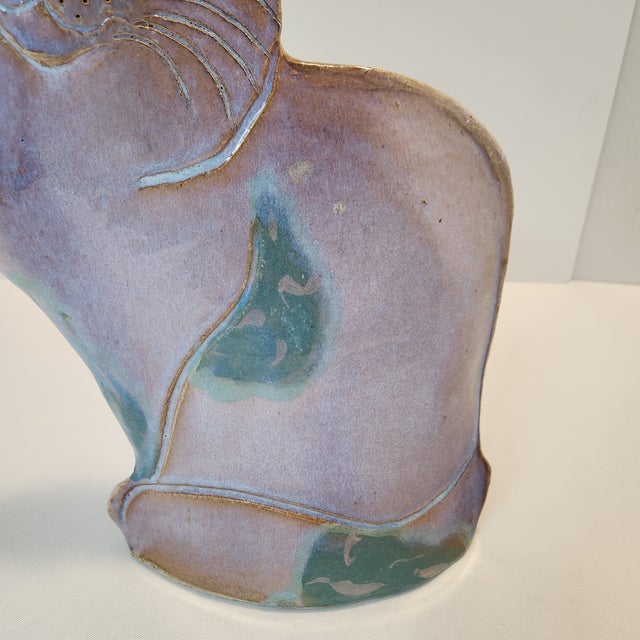 Mid-Century Modern Vintage Studio Pottery Cat Sculpture With Reactive Glaze Hand-Carved For Sale - Image 3 of 8
