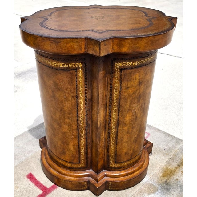 Maitland Smith English Regency Tooled Leather Quatrefoil Drum Chest Side Table For Sale - Image 12 of 14