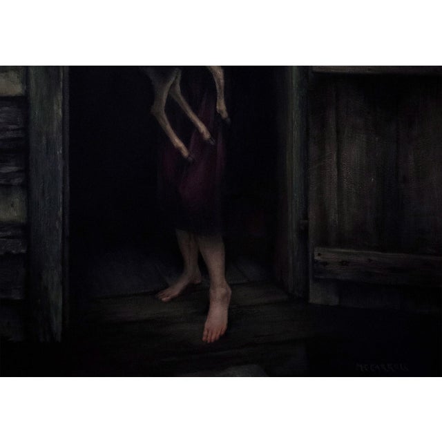 Early 21st Century Baby by Mary Carroll | Acrylic Painting of a woman holding a fawn at a doorway. For Sale - Image 5 of 5