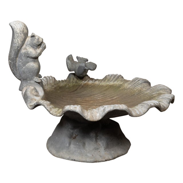 English Midcentury Lead Bird Bath Depicting a Shell with Squirrel and Bird For Sale