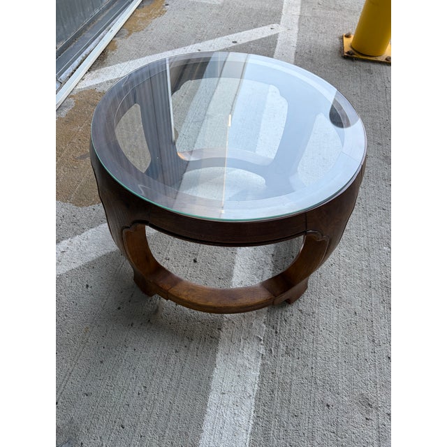 Thomasville Vintage Thomasville Sculptural Round Walnut Coffee Table With Glass Top For Sale - Image 4 of 7