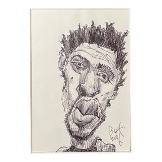 Original 2006 Justin Bua Pop Surrealism Ink Sketch Drawing Man Portrait Art For Sale