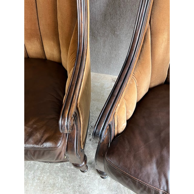 Brown Late 20th Century Fabulous Pair of Leather and Velvet Channel Back Library Club Chairs For Sale - Image 8 of 12