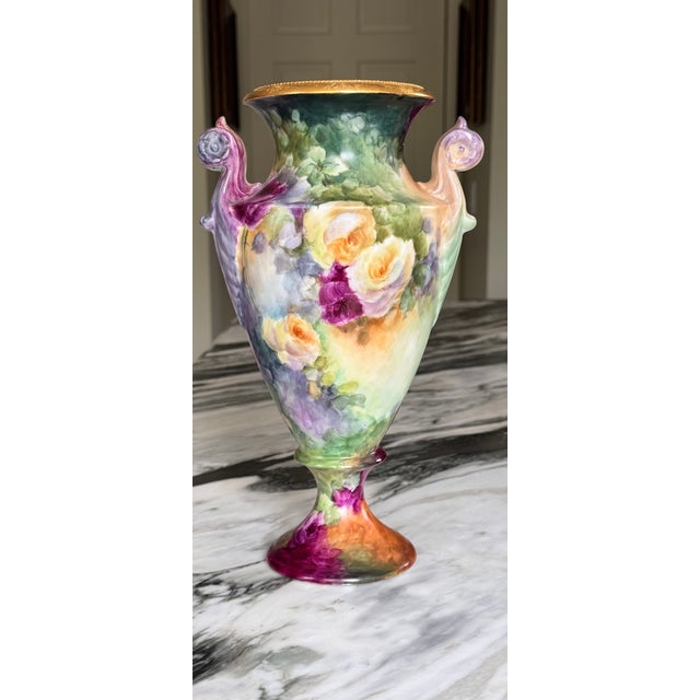 Edwardian Era Limoge, France Jean Pouyat Large Scale Hand Painted Vase For Sale - Image 11 of 17